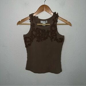 Caroline Constas Cotton Blend Lace-Trimmed Brown Ribbed Tank Top Size Small.